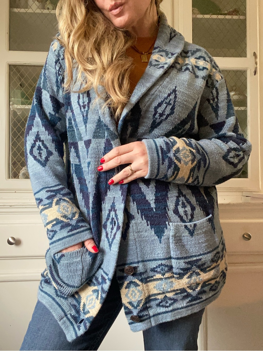 Ralph Lauren Polo Southwestern Inspired Motif Chunky Knit Cozy Long Cardigan